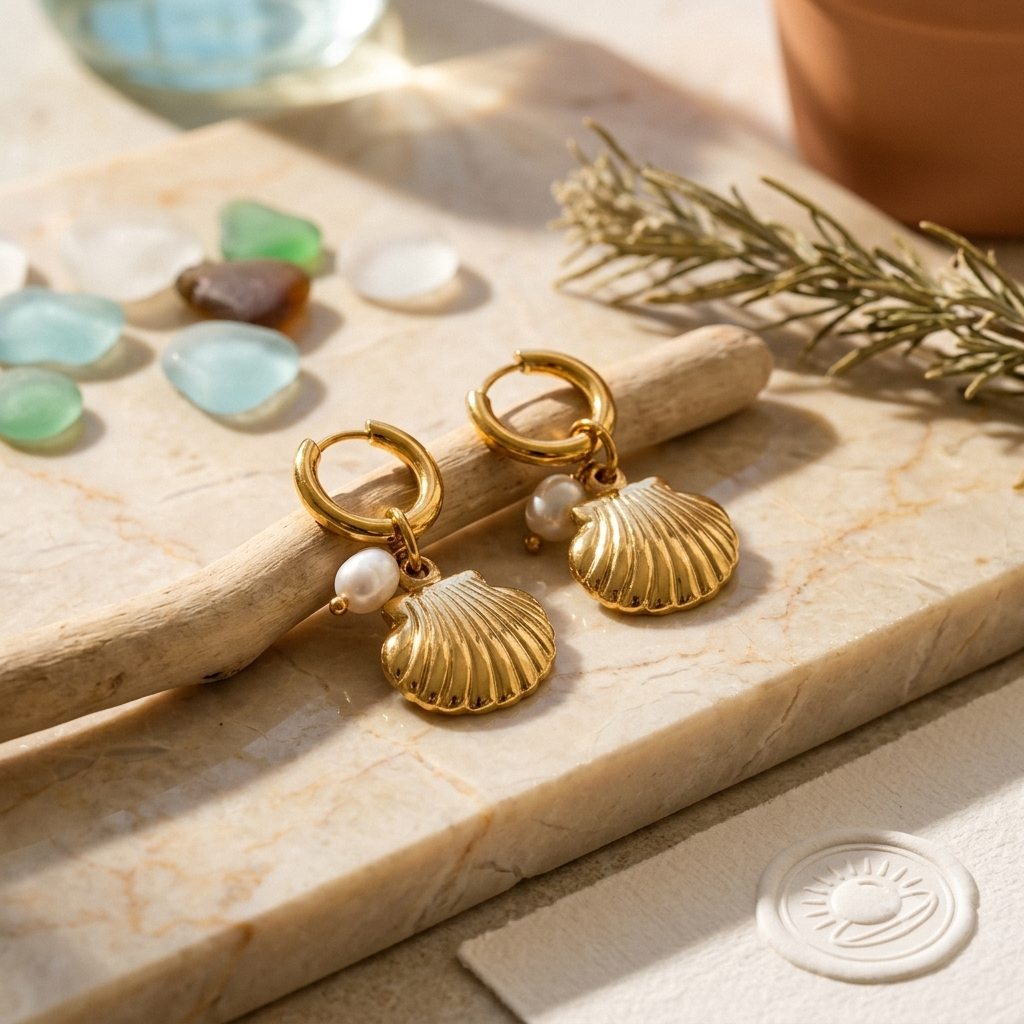 Golden Seashell & Freshwater Pearl Hoops