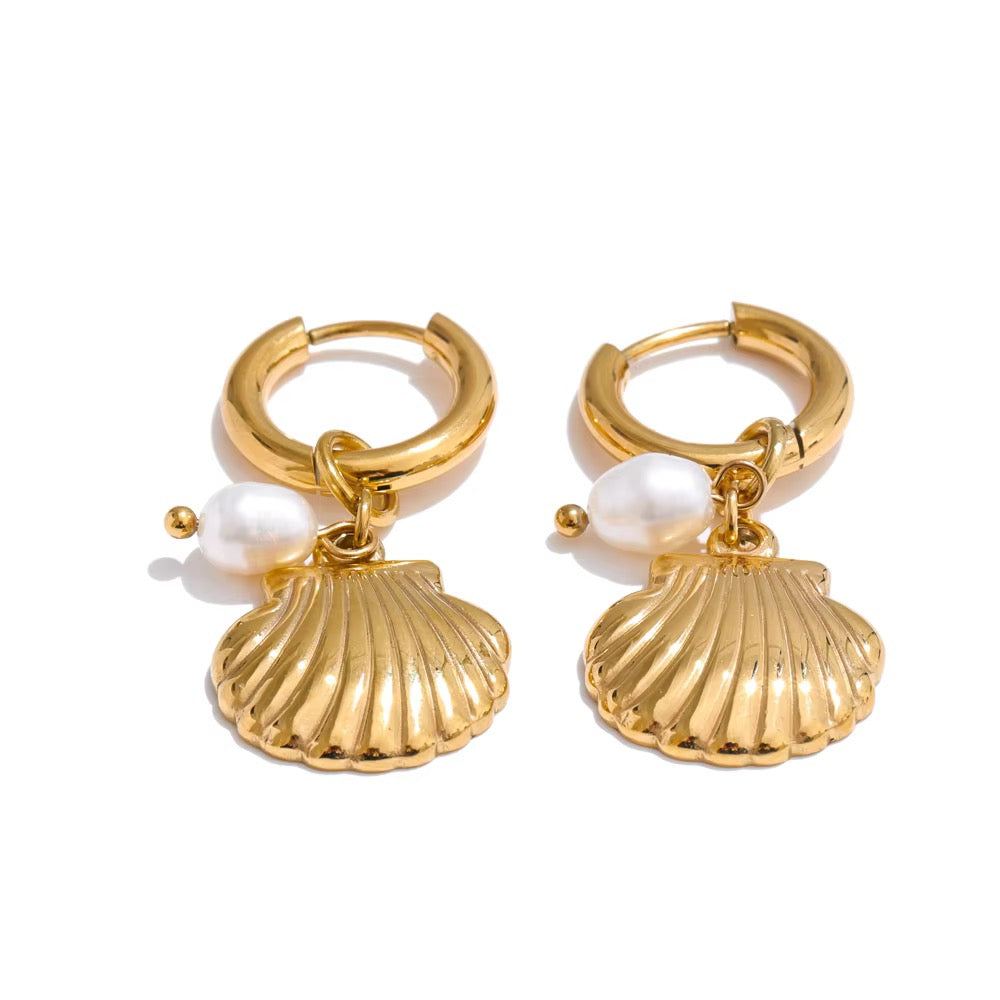 Golden Seashell & Freshwater Pearl Hoops