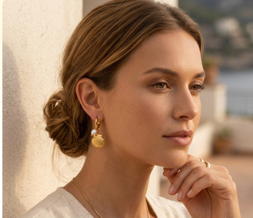 Golden Seashell & Freshwater Pearl Hoops
