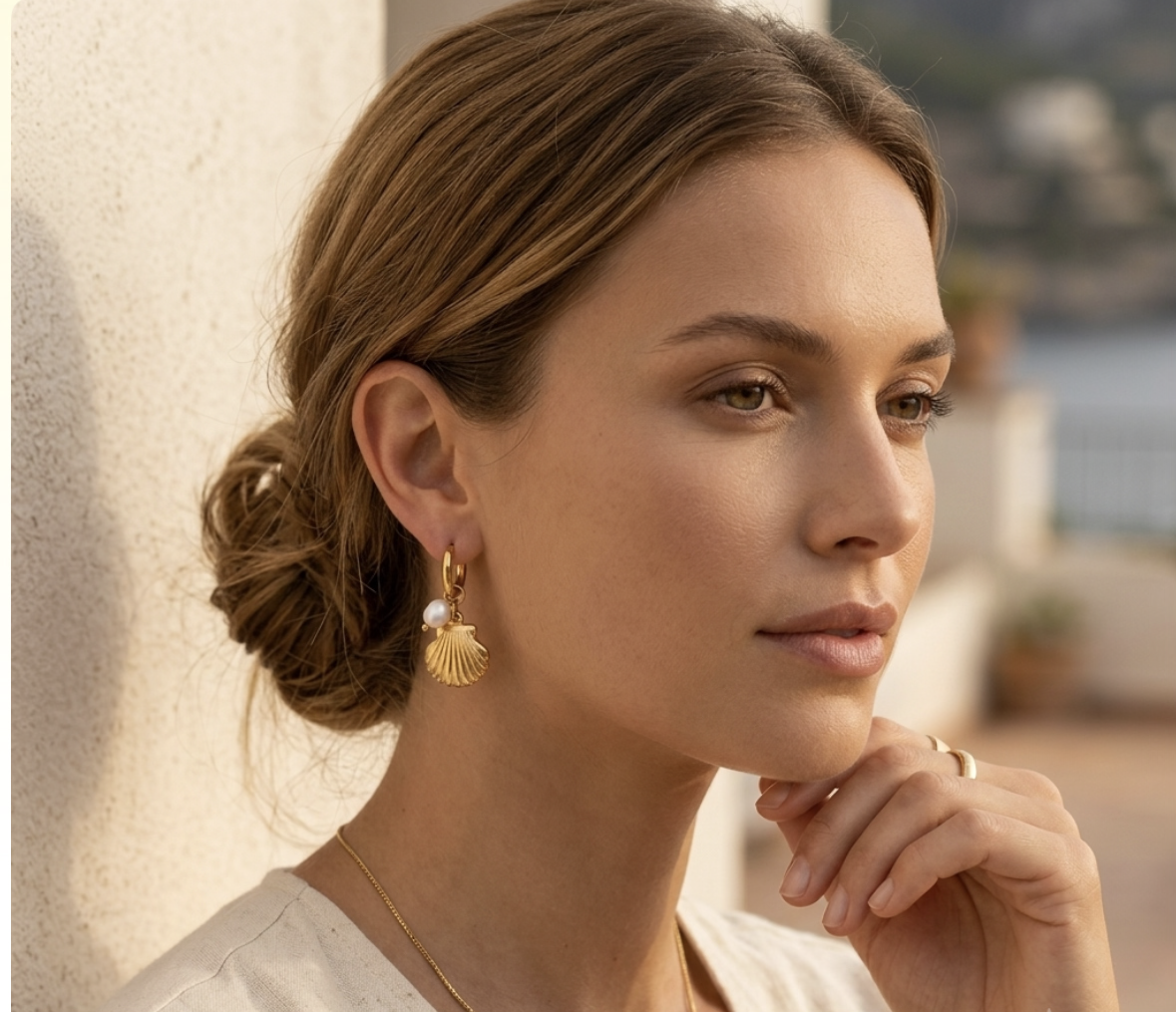 Golden Seashell & Freshwater Pearl Hoops