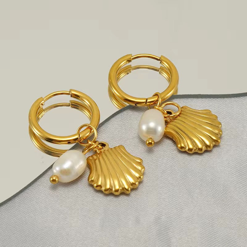 Golden Seashell & Freshwater Pearl Hoops