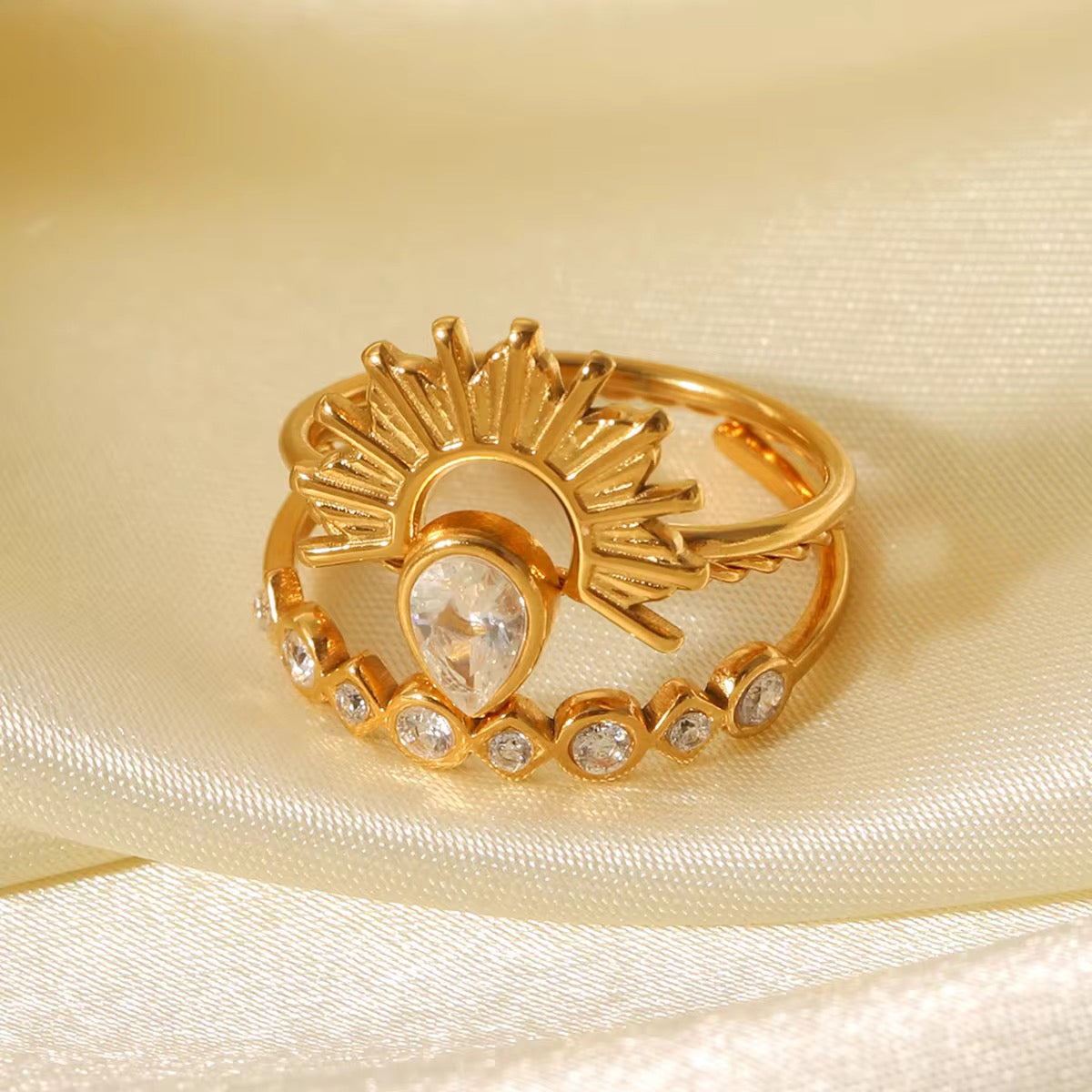Celestial Sunburst Pear Stacked Ring