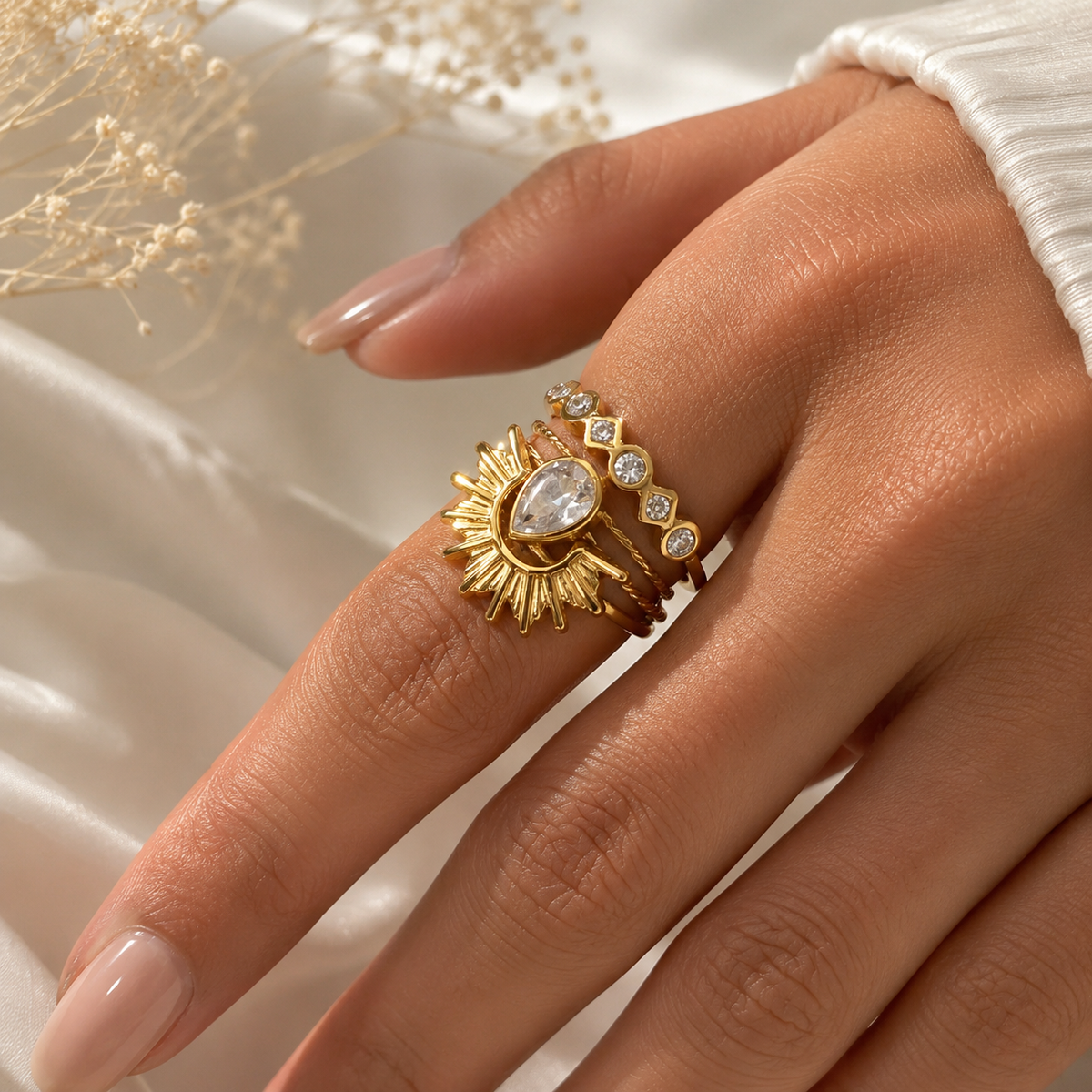 Celestial Sunburst Pear Stacked Ring